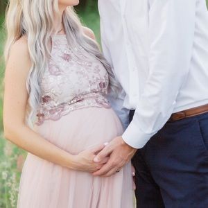 Pink Embroidered Tulle Maternity Evening Gown